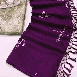 Purple Floral Printed Muslin Saree With Tassels