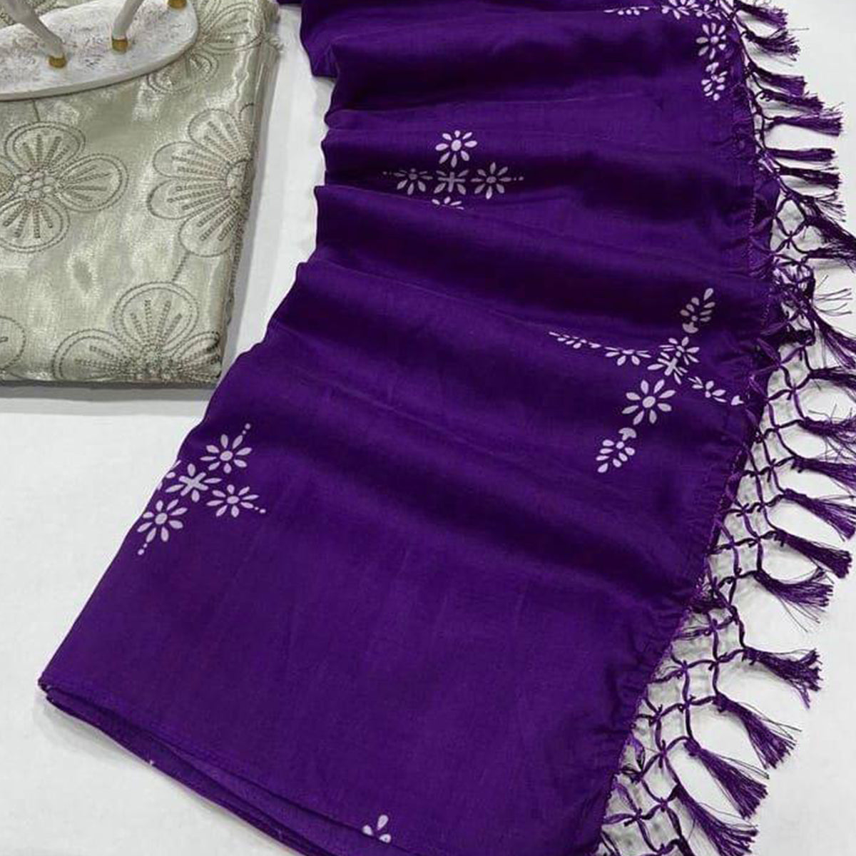 Violet Printed Muslin Saree With Tassels