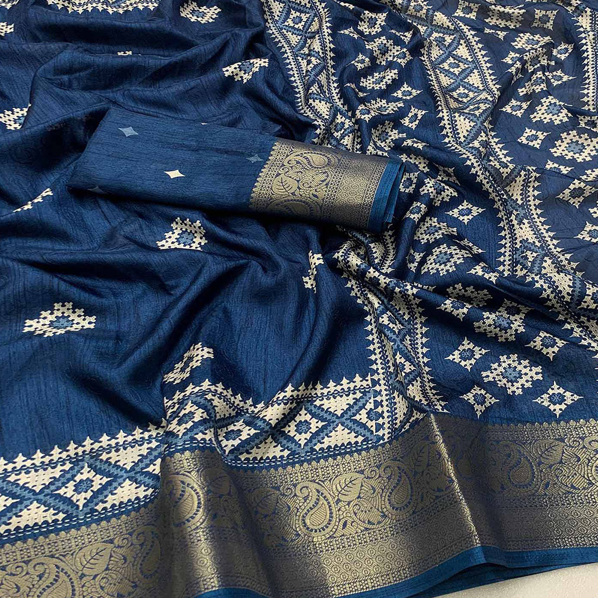 Blue Printed With Weaving Border Pure Cotton Saree