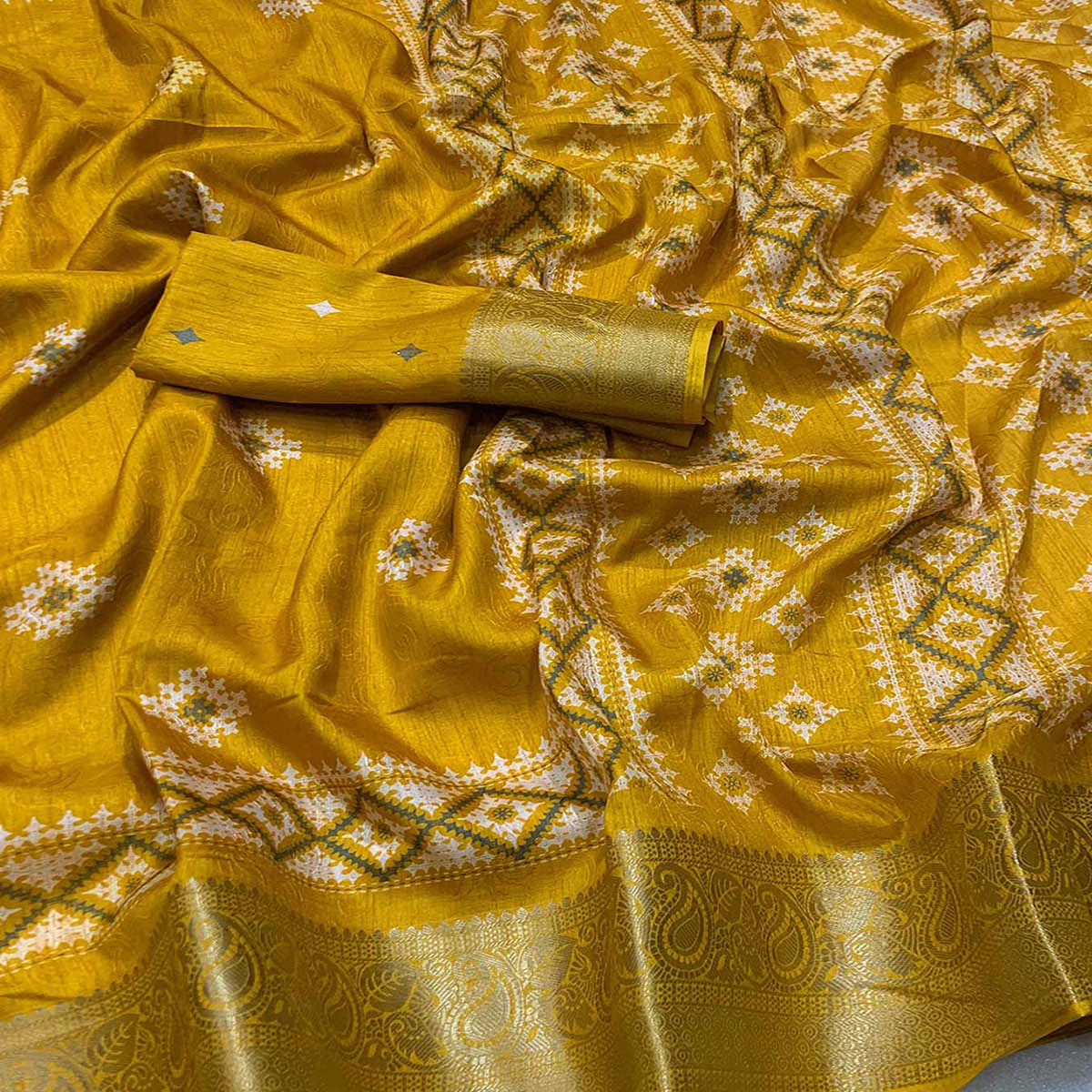 Mustard Printed With Weaving Border Pure Cotton Saree