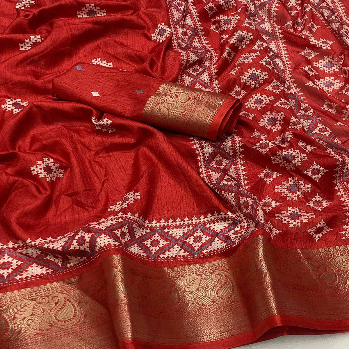 Red Printed With Weaving Border Pure Cotton Saree