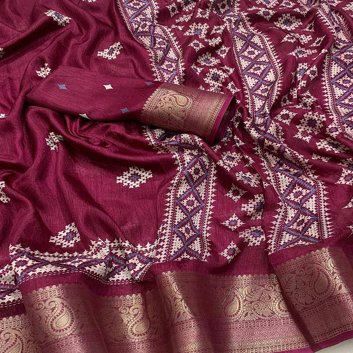 Wine Printed With Weaving Border Pure Cotton Saree