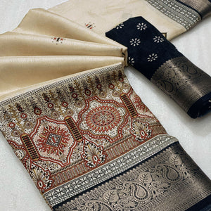 Beige & Black Printed Cotton Silk Saree With Exquisite Zari Woven Border