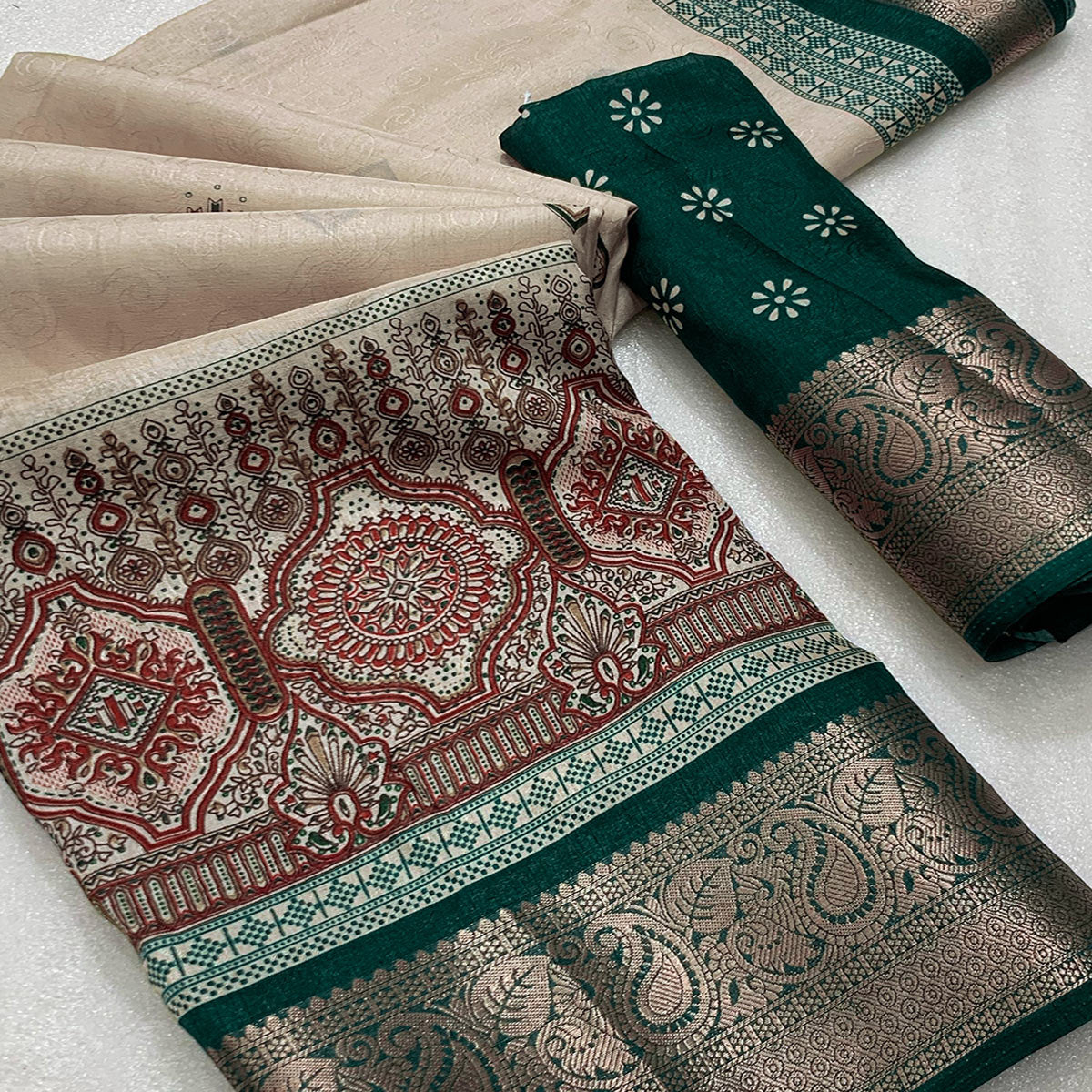 Beige & Green Printed Cotton Silk Saree With Exquisite Zari Woven Border