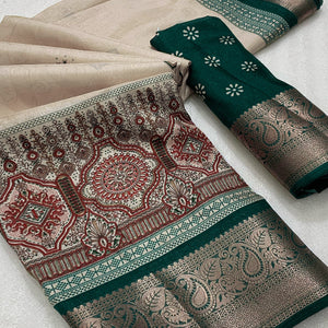 Beige & Green Printed Cotton Silk Saree With Exquisite Zari Woven Border