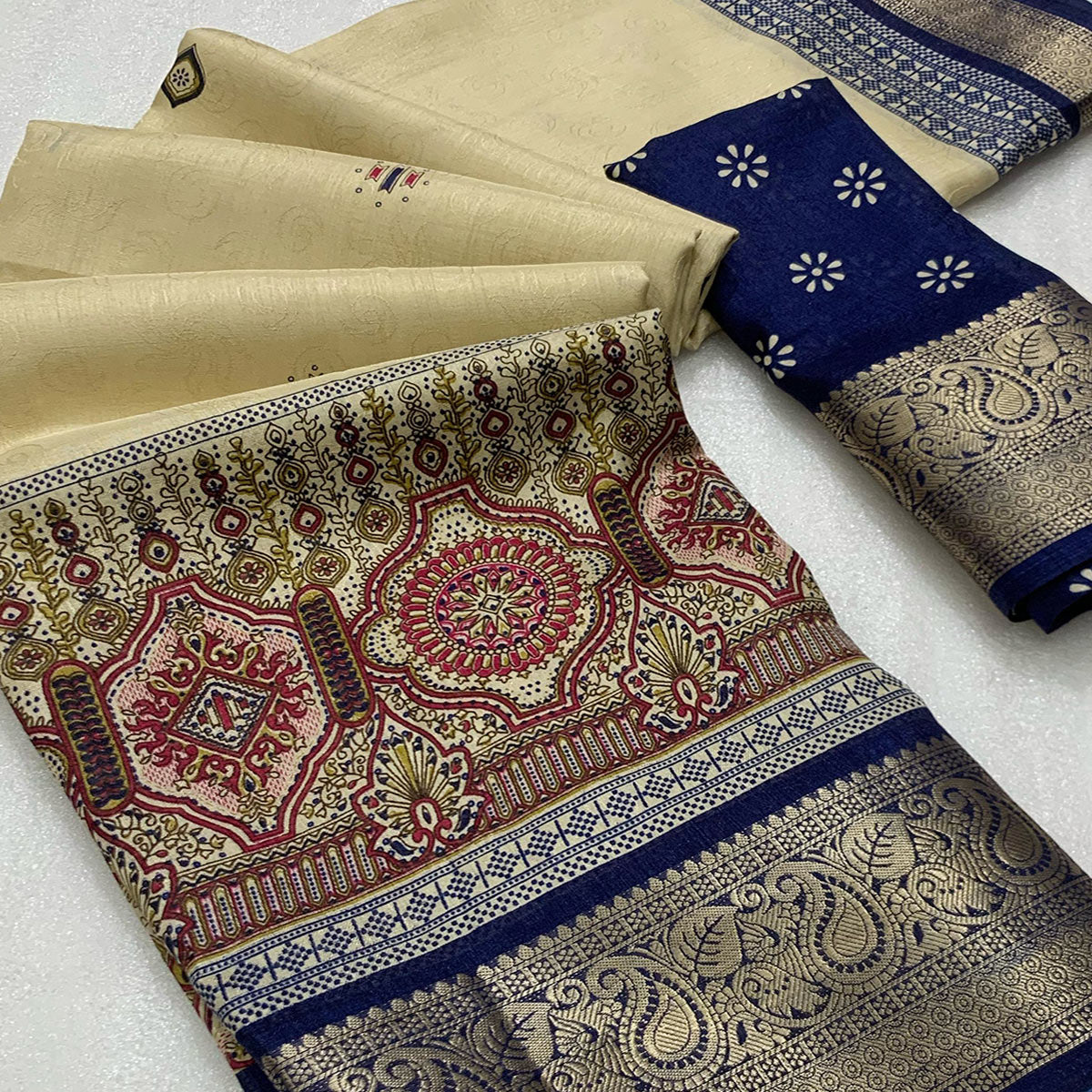 Beige & Navy Blue Printed Cotton Silk Saree With Exquisite Zari Woven Border