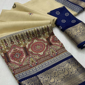 Beige & Navy Blue Printed Cotton Silk Saree With Exquisite Zari Woven Border