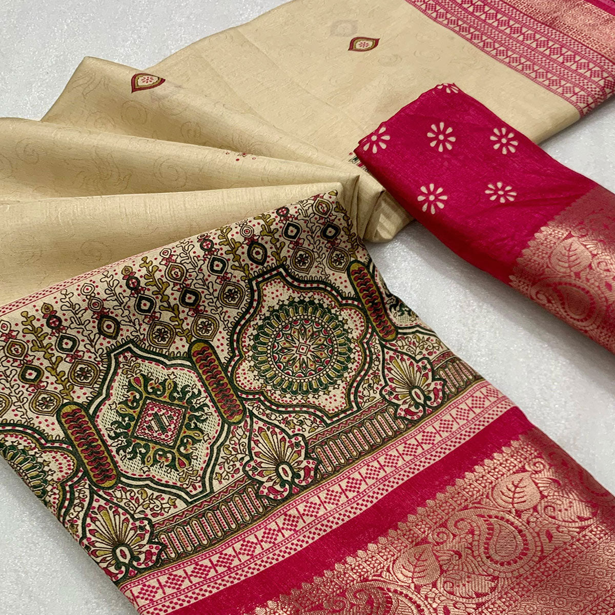 Beige & Pink Printed Cotton Silk Saree With Exquisite Zari Woven Border