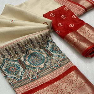 Beige & Red Printed Cotton Silk Saree With Exquisite Zari Woven Border