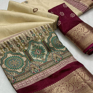 Beige & Wine Printed Cotton Silk Saree With Exquisite Zari Woven Border