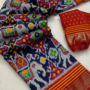 Blue & Grey Patola Printed Dola Silk Saree