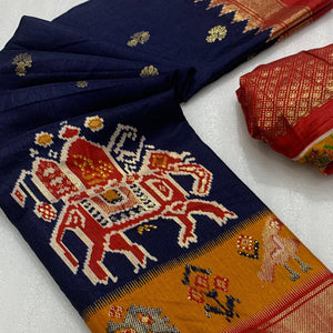 Navy Blue Patola Printed Dola Silk Saree