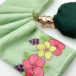 Elegant Green Kota Doria Saree with Detailed Floral Thread Work & Premium Crochet Lace Border