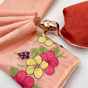 Elegant Peach Kota Doria Saree with Detailed Floral Thread Work & Premium Crochet Lace Border