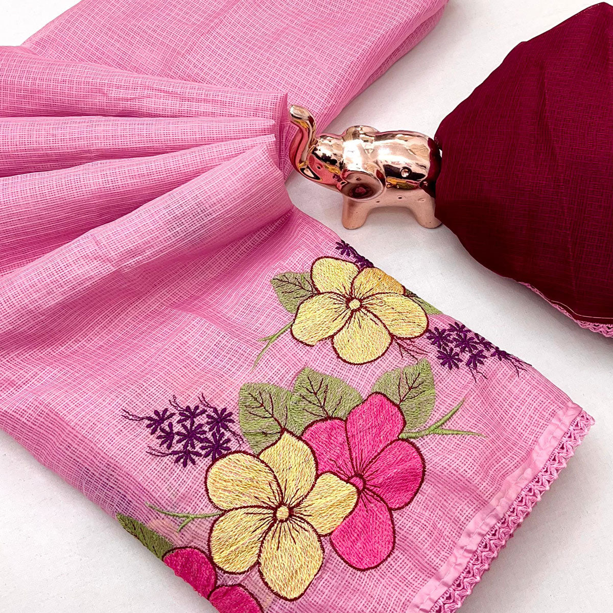 Elegant Pink Kota Doria Saree with Detailed Floral Thread Work & Premium Crochet Lace Border