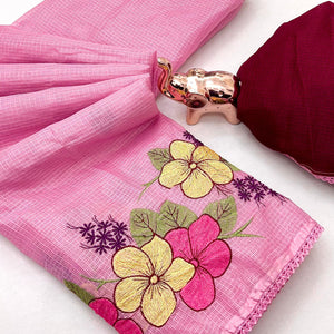 Elegant Pink Kota Doria Saree with Detailed Floral Thread Work & Premium Crochet Lace Border