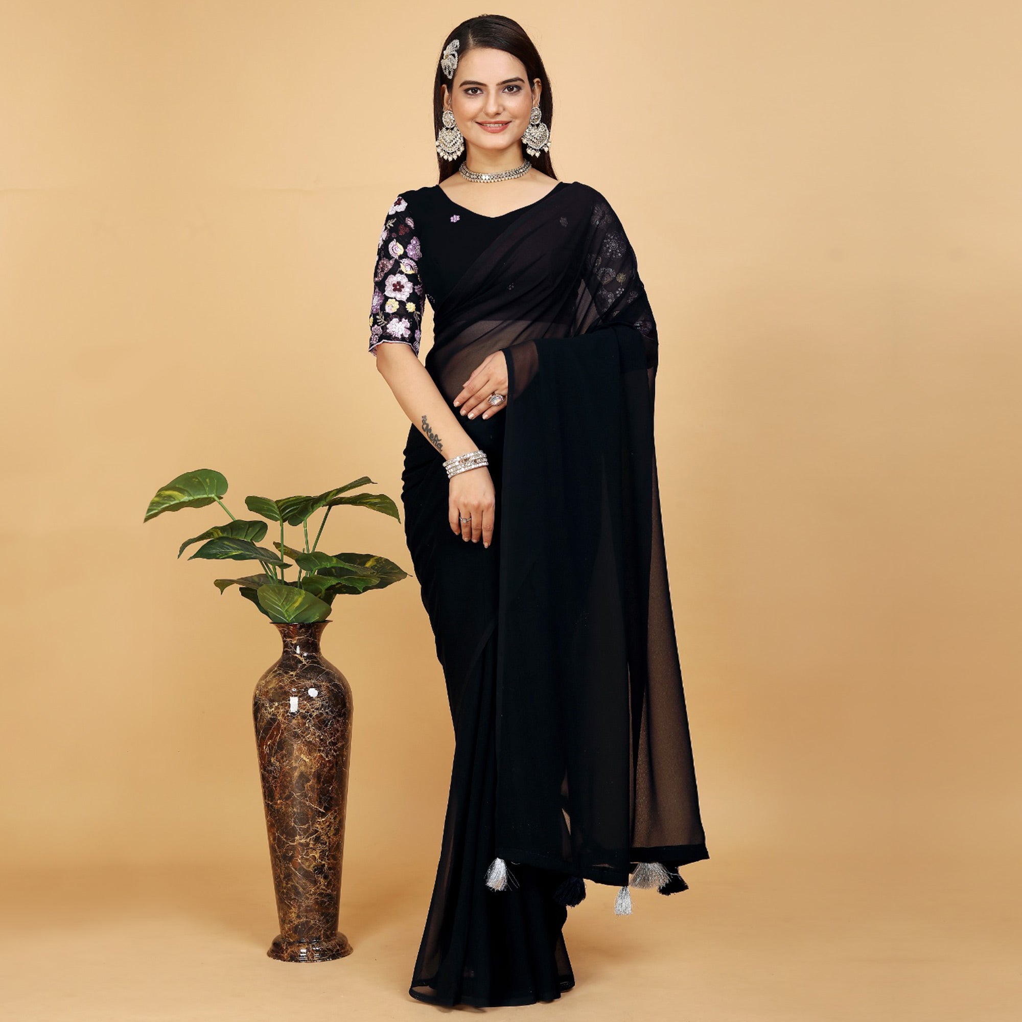 Black Solid Georgette Saree With  Tassels
