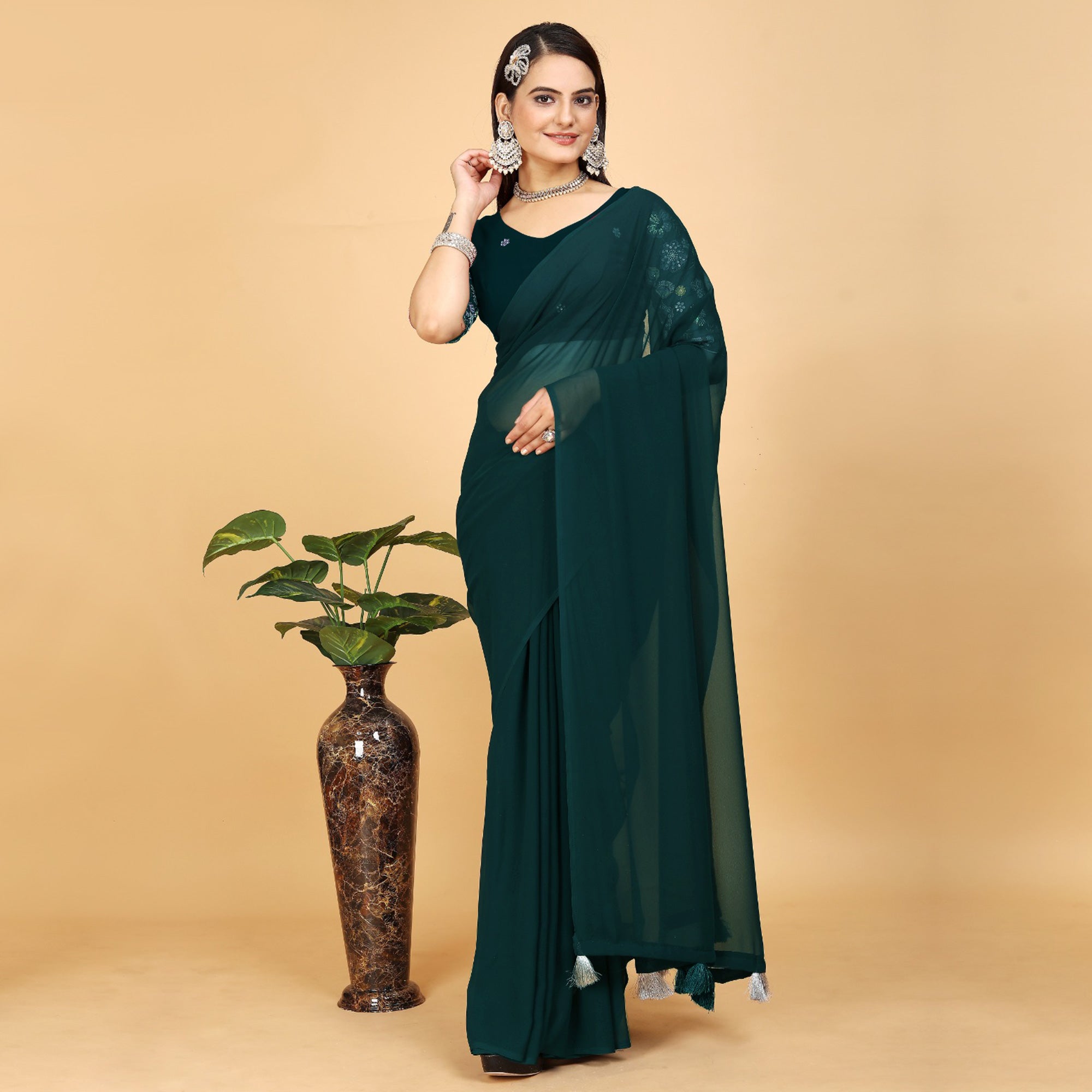 Dark Teal Solid Georgette Saree With Tassels