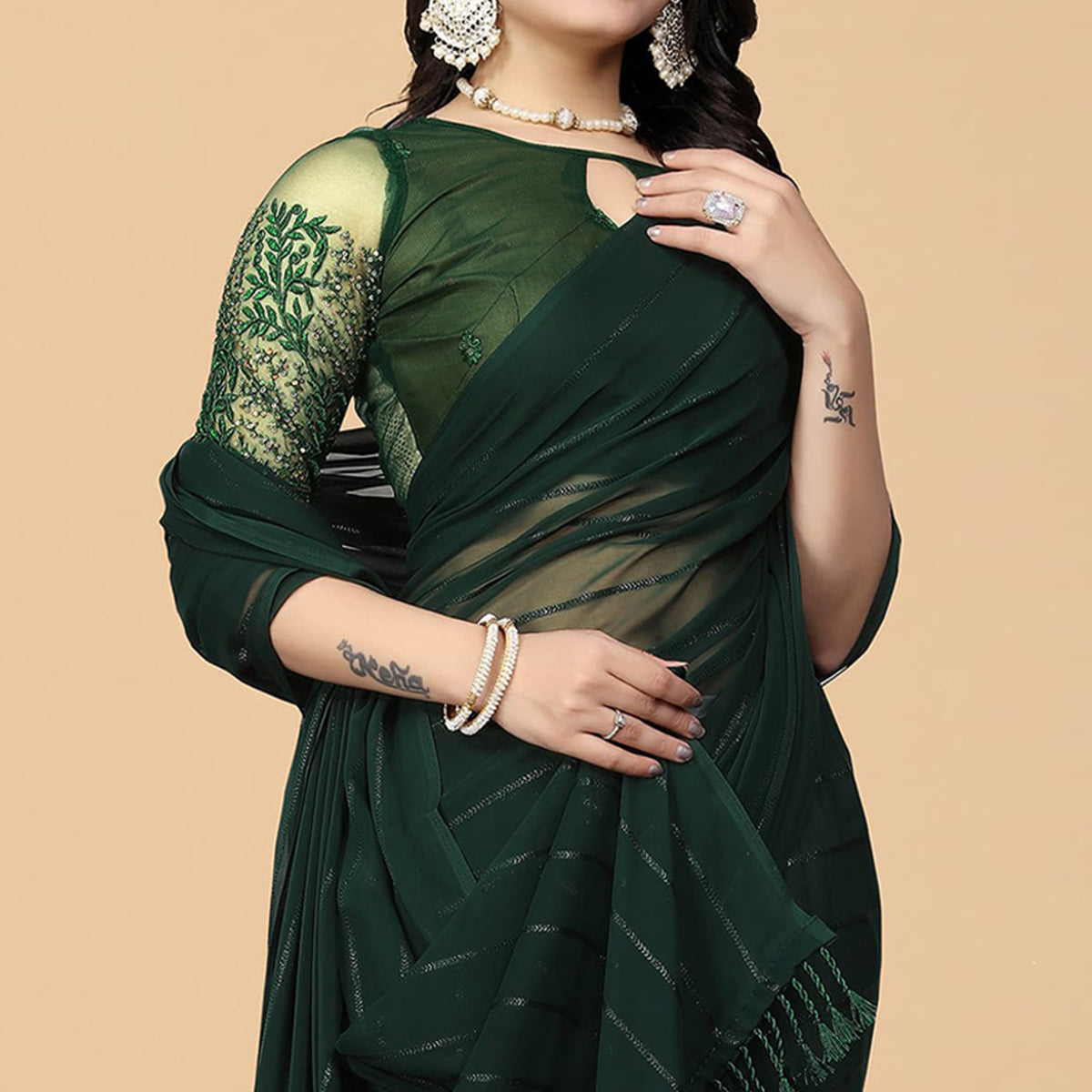 Green Woven Georgette Saree with Tassels