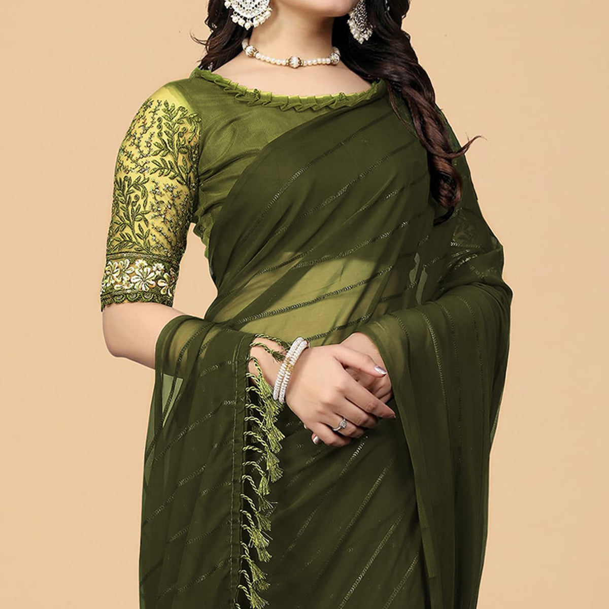 Mehndi green Woven Georgette Saree with Tassels