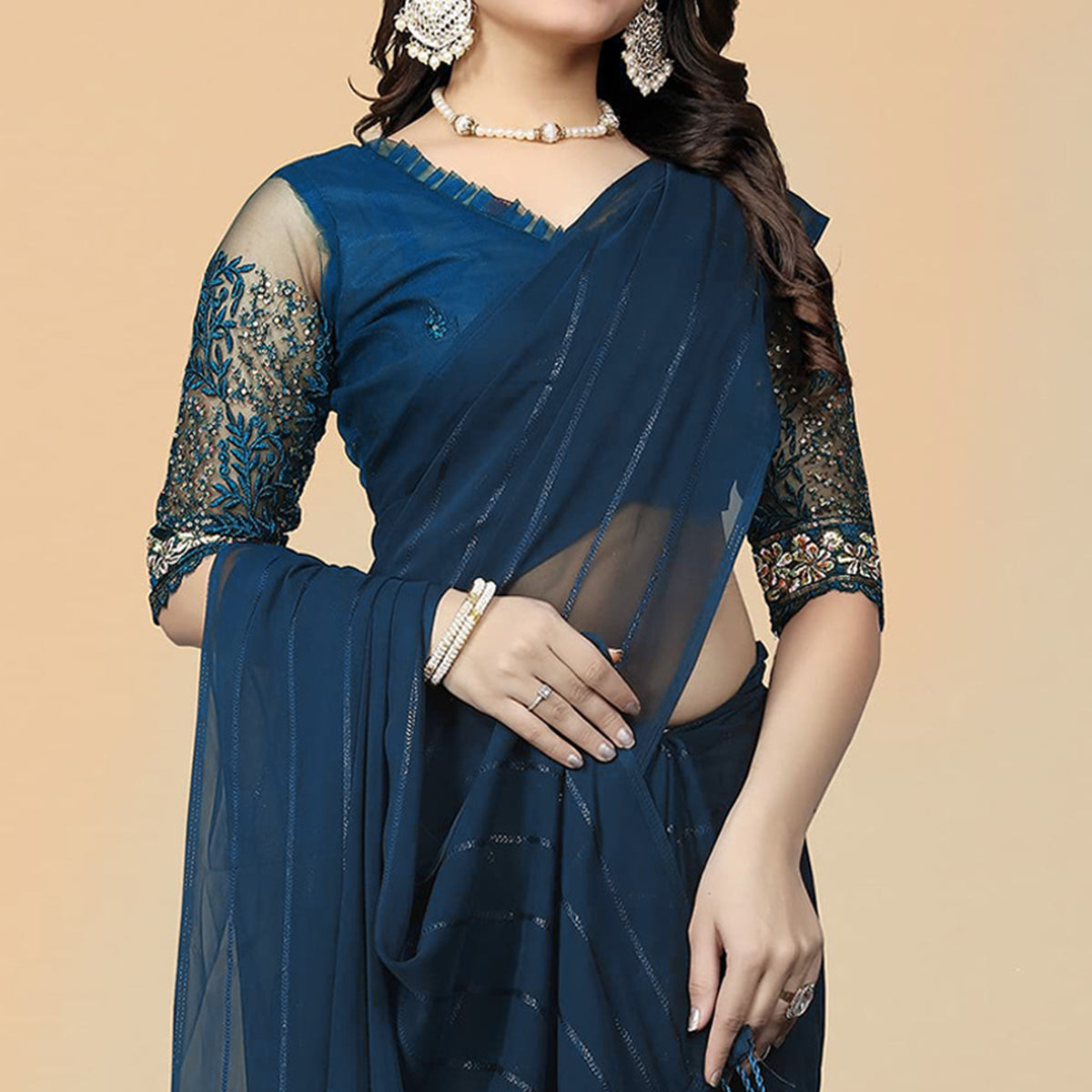 Rama blue Woven Georgette Saree with Tassels