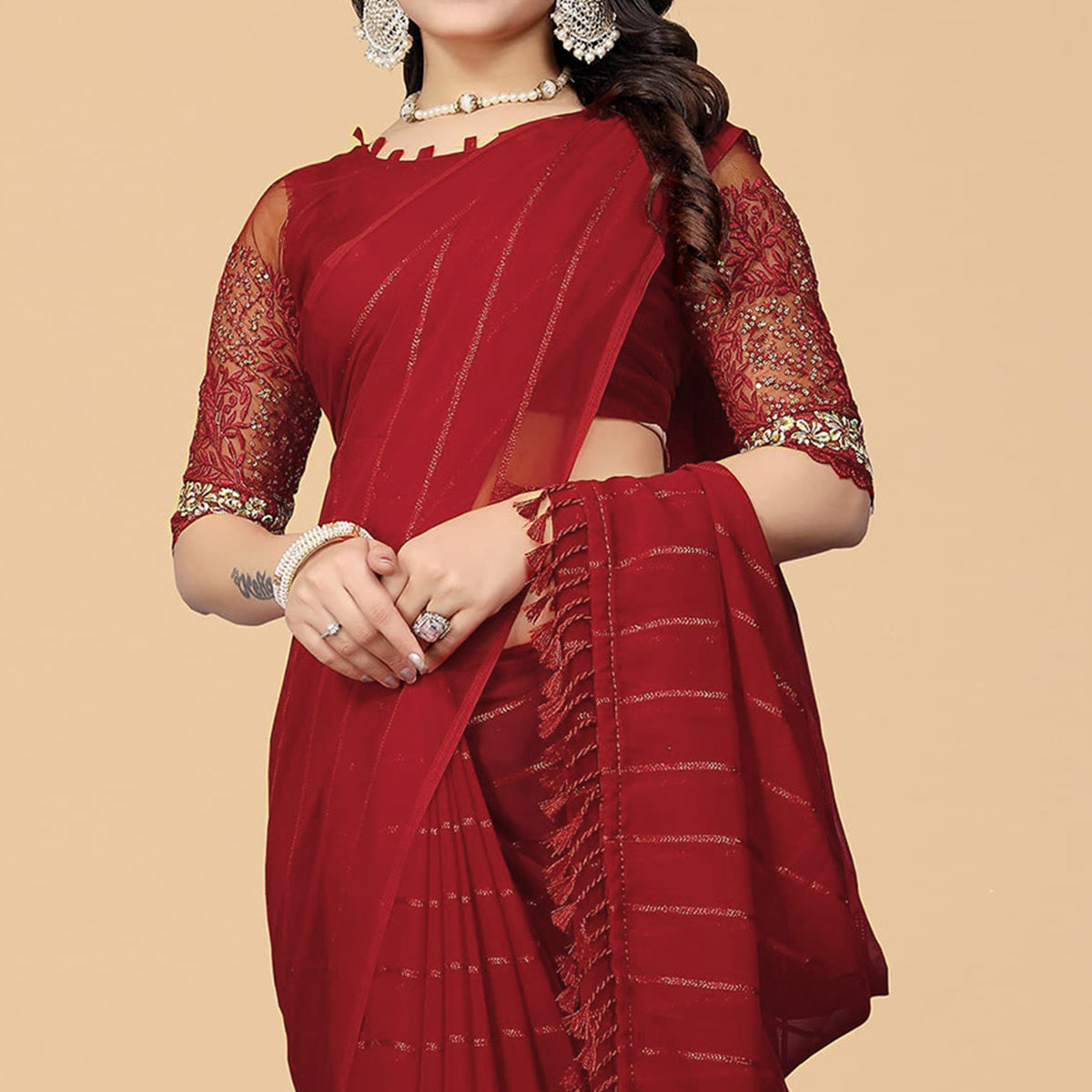 Red Woven Georgette Saree with Tassels