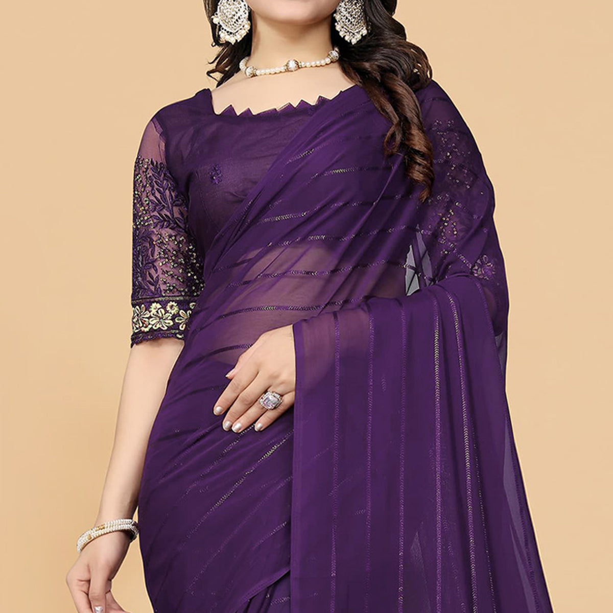 Violet Woven Georgette Saree with Tassels