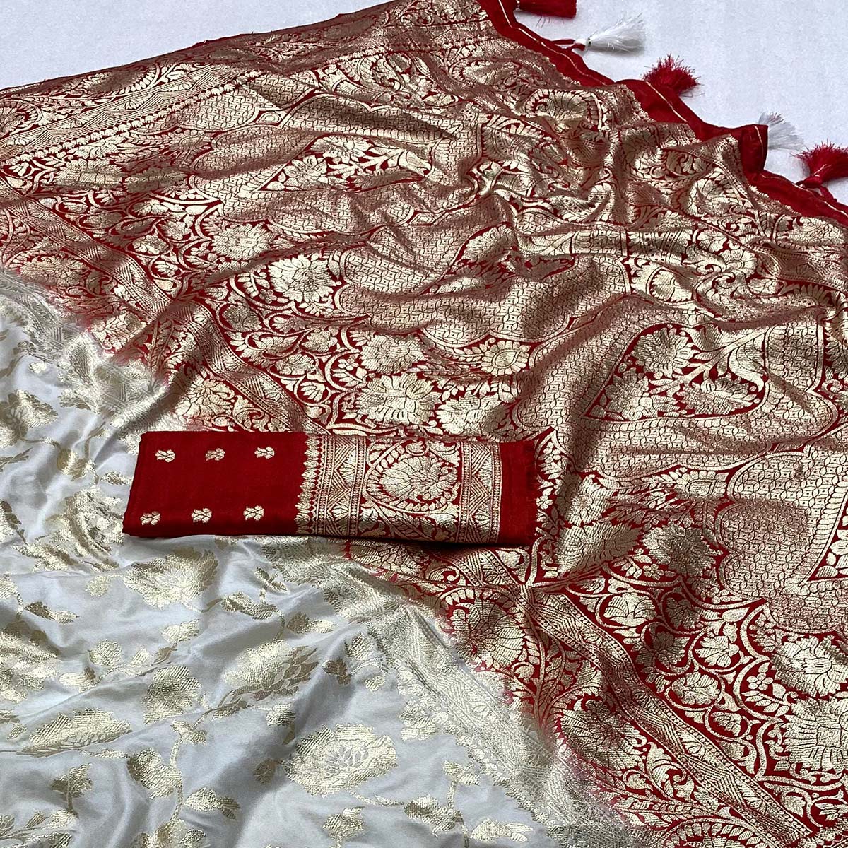 White Floral Woven Viscose Saree