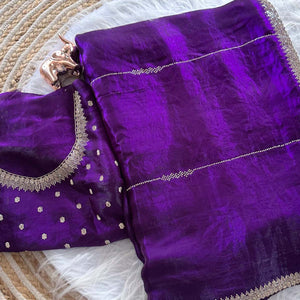 Classic Purple Pure Silk Saree Adorned With Sparkling Jarkan Work & An Exquisite Designer Border