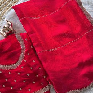 Classic Rani Pink Pure Silk Saree Adorned With Sparkling Jarkan Work & An Exquisite Designer Border