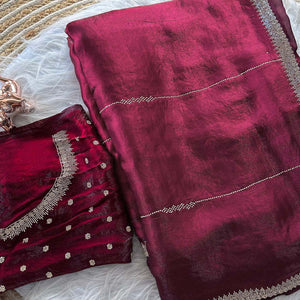 Classic Wine Pure Silk Saree Adorned With Sparkling Jarkan Work & An Exquisite Designer Border