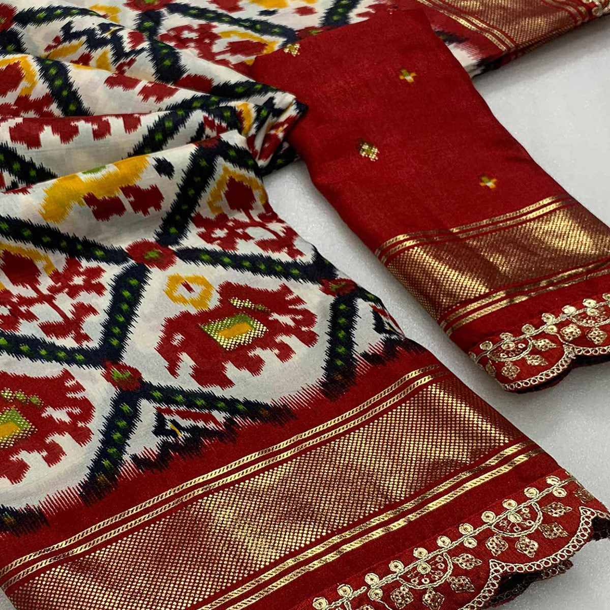 Off White & Red Ikkat Printed Dola Silk Saree With Sequins Embroidery Border