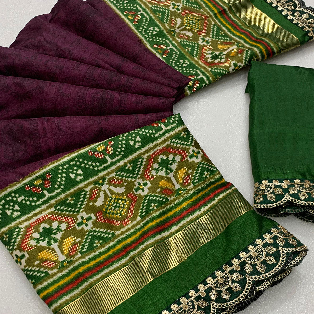 Purple & Green Ikkat Foil Printed Silk Saree With Sequins Embroidery Border