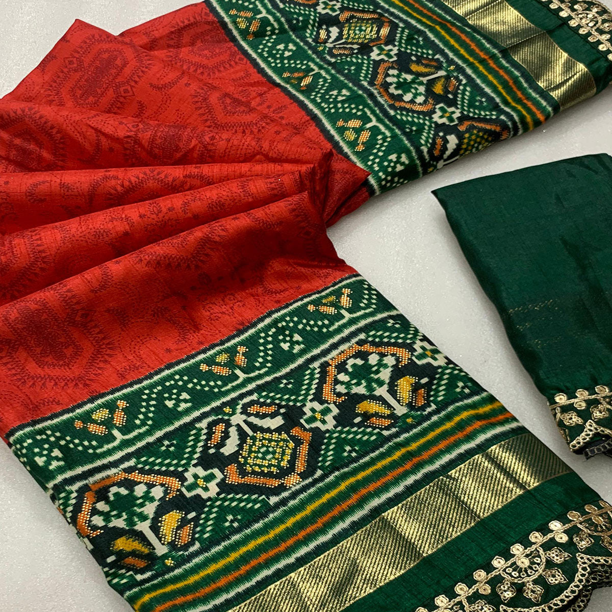 Red & Green Ikkat Foil Printed Silk Saree With Sequins Embroidery Border