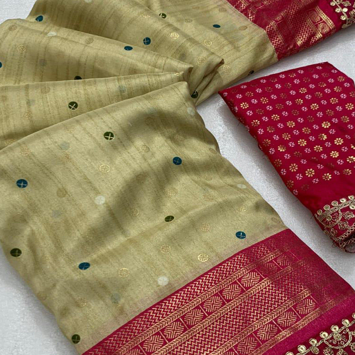 Chikoo & Pink Foil Printed Dola Silk Saree With Sequins Embroidered Border