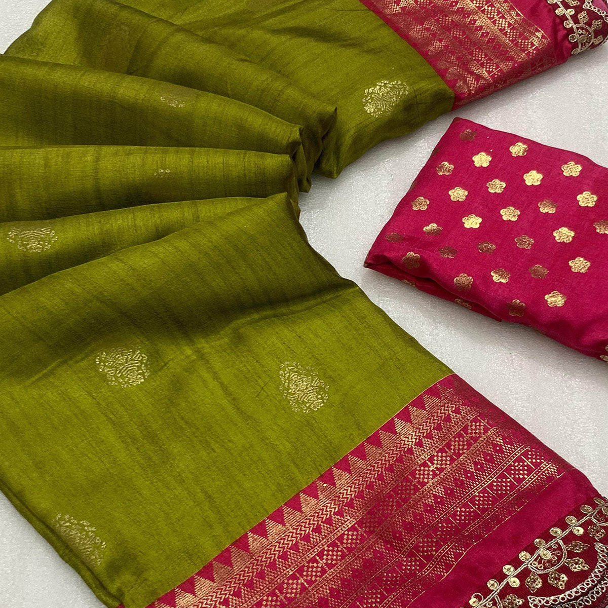 Green & Pink Foil Printed Dola Silk Saree With Sequins Embroidered Border