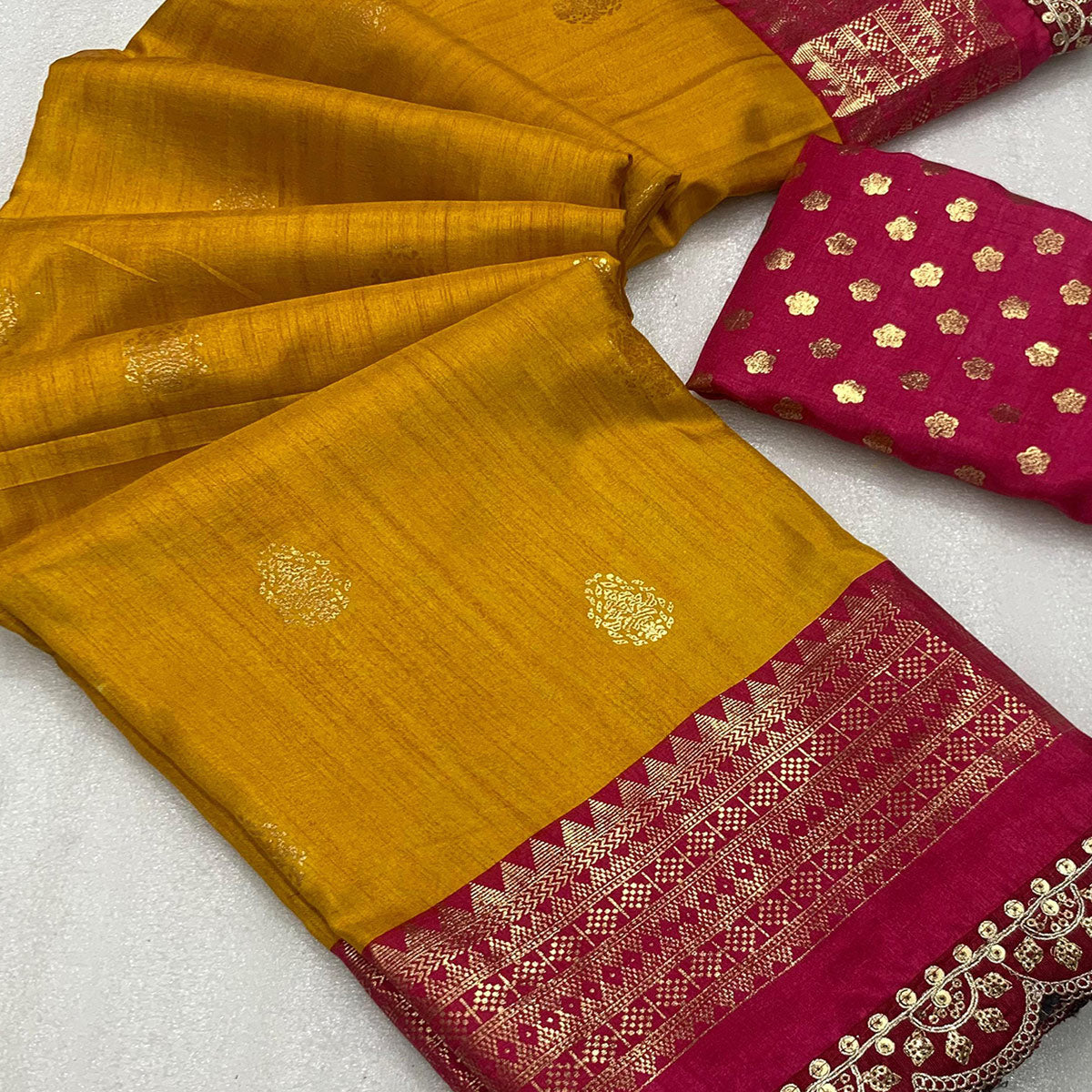 Mustard & Pink Foil Printed Dola Silk Saree With Sequins Embroidered Border