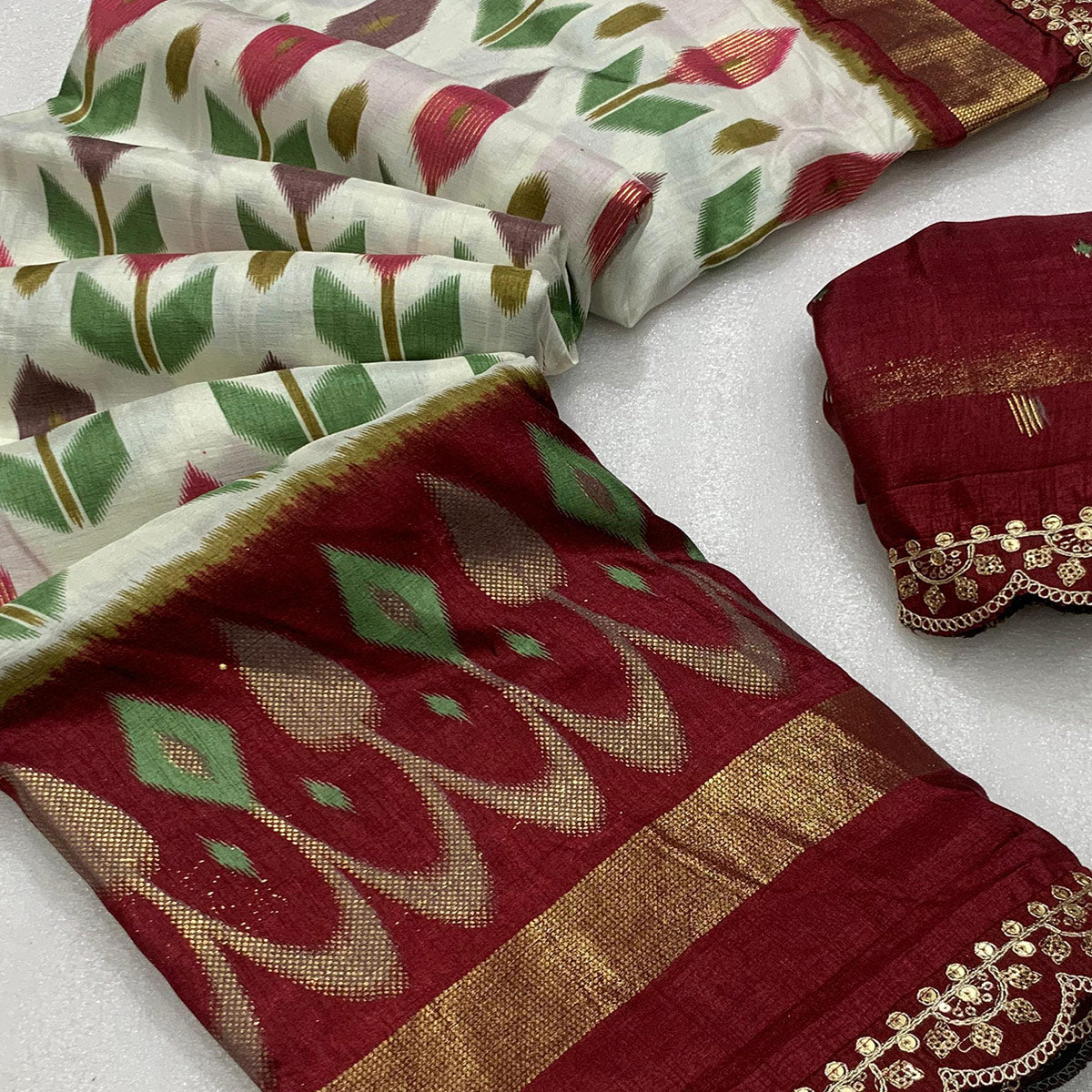 Offwhite & Maroon Ikkat Foil Printed Dola Silk Saree With Sequins Embroidered Border