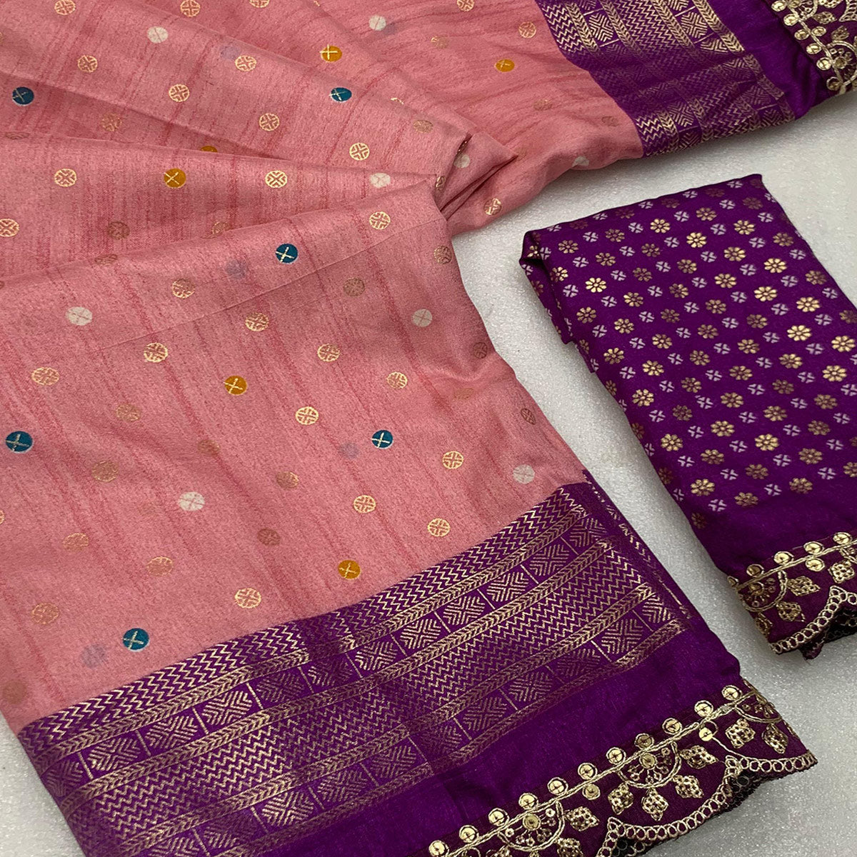 Peach & Purple Foil Printed Dola Silk Saree With Sequins Embroidered Border