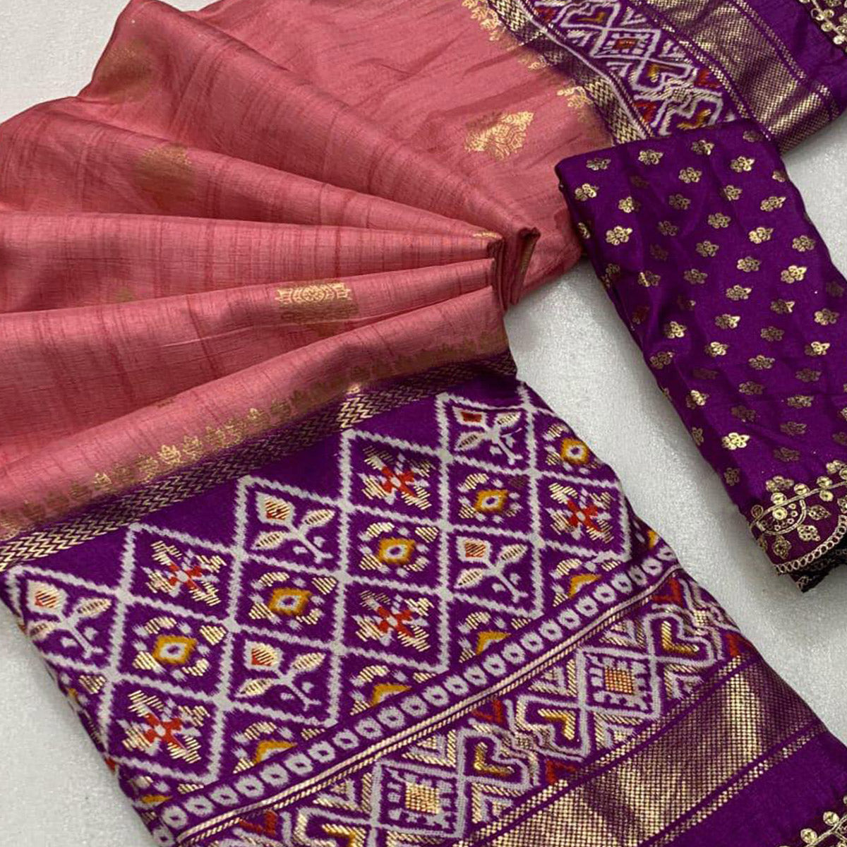 Peach & Purple Foil Printed Dola Silk Saree With Sequins Embroidered Border