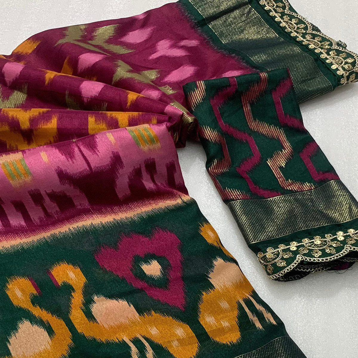 Wine & Green Ikkat Printed Dola Silk Saree With Sequins Embroidered Border