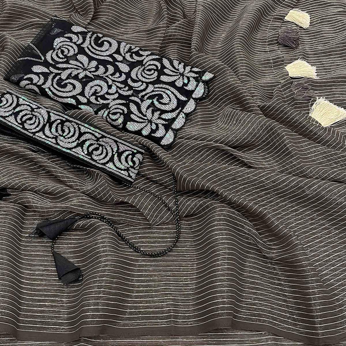 Grey & Black Woven Chiffon Saree with Tassels