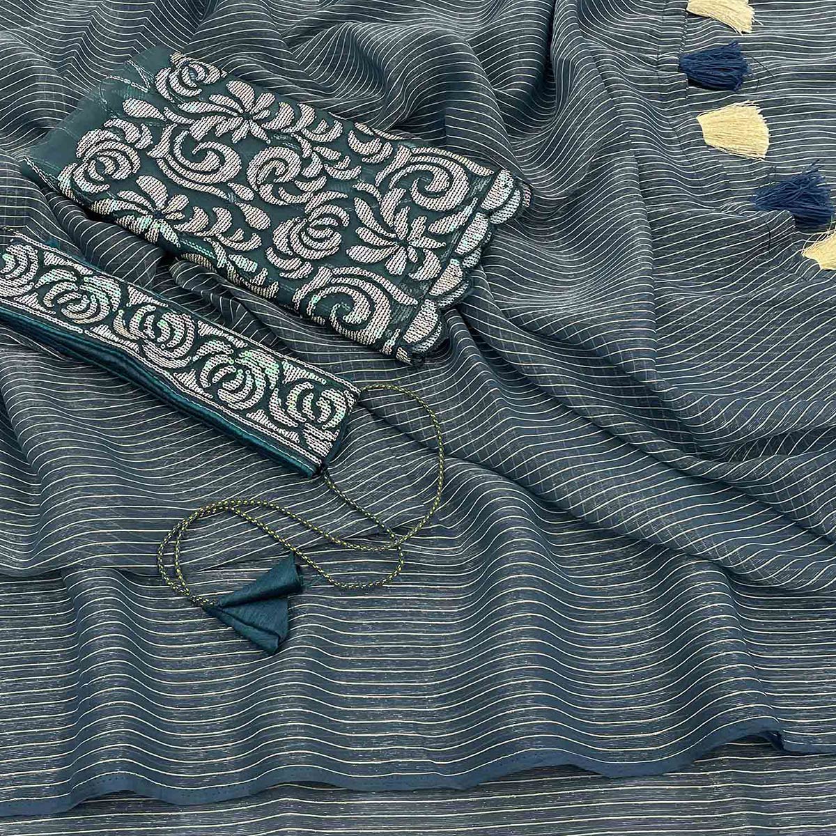 Grey & Rama Blue Woven Chiffon Saree with Tassels