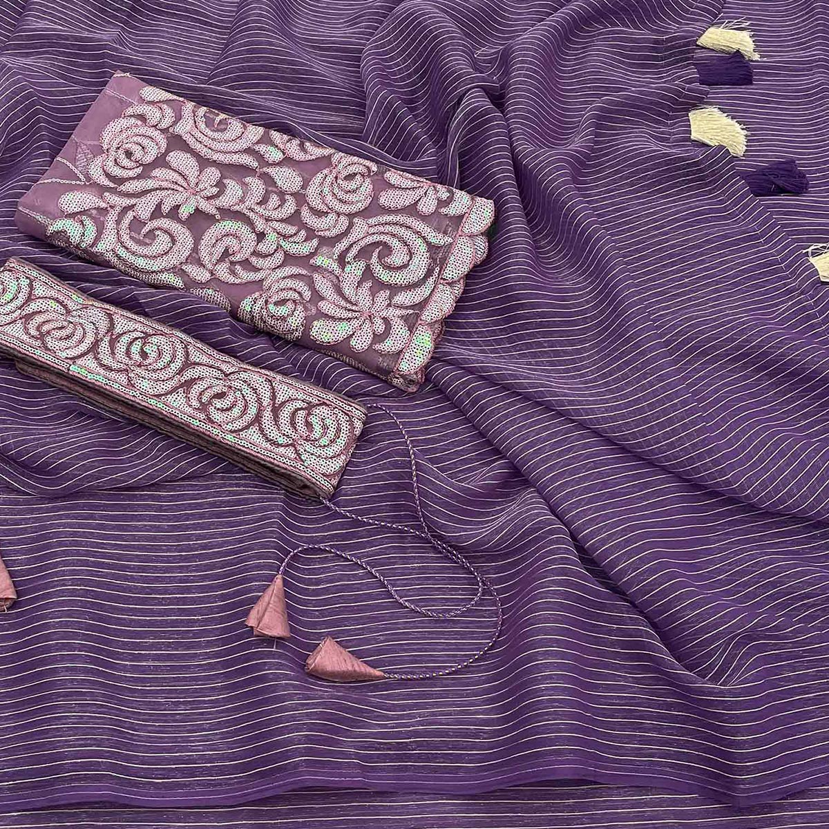 Purple & Pink Woven Chiffon Saree with Tassels