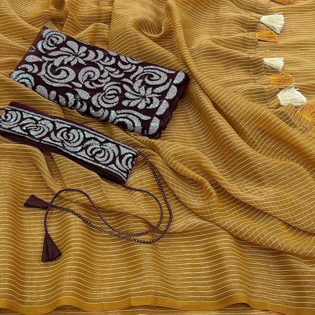 Yellow & Wine Woven Chiffon Saree with Tassels