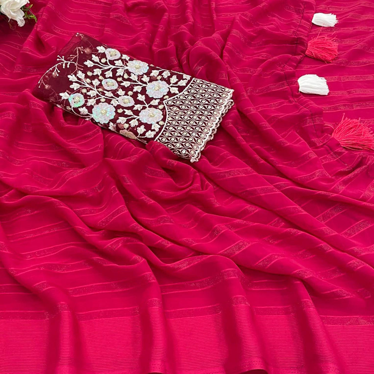 Cherry Pink Zari Striped Chiffon Saree With Tassels