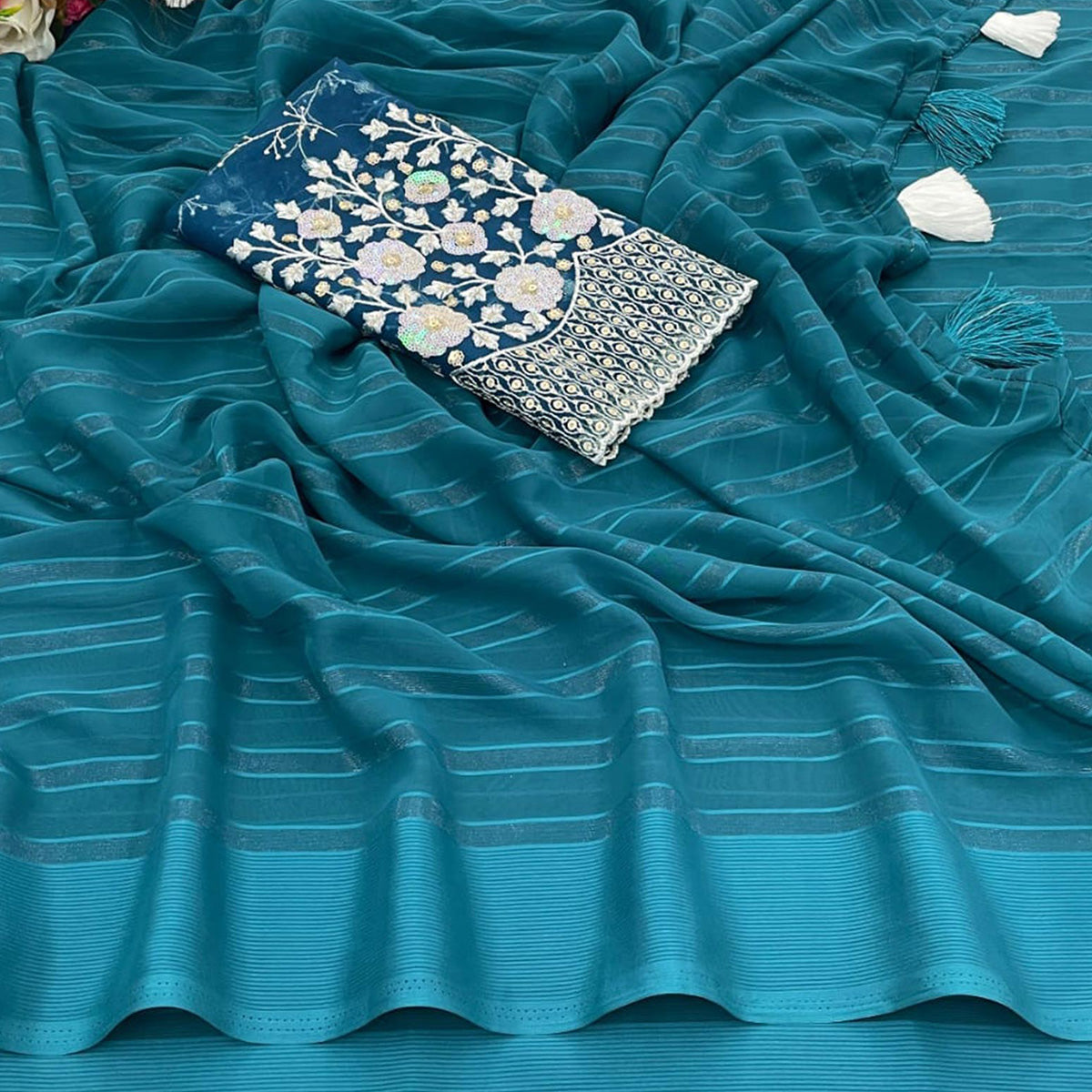 Rama Blue Zari Striped Chiffon Saree With Tassels