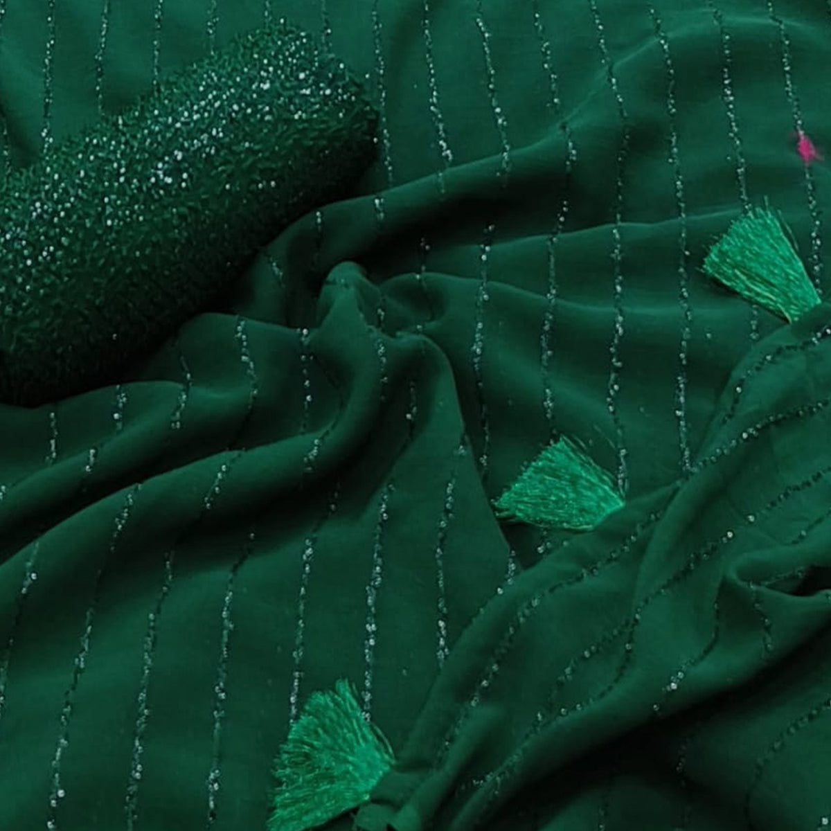 Green Woven Chiffon Saree with Tassels