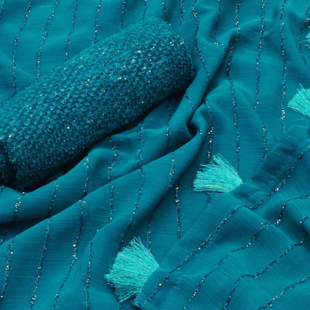 Teal Woven Chiffon Saree with Tassels