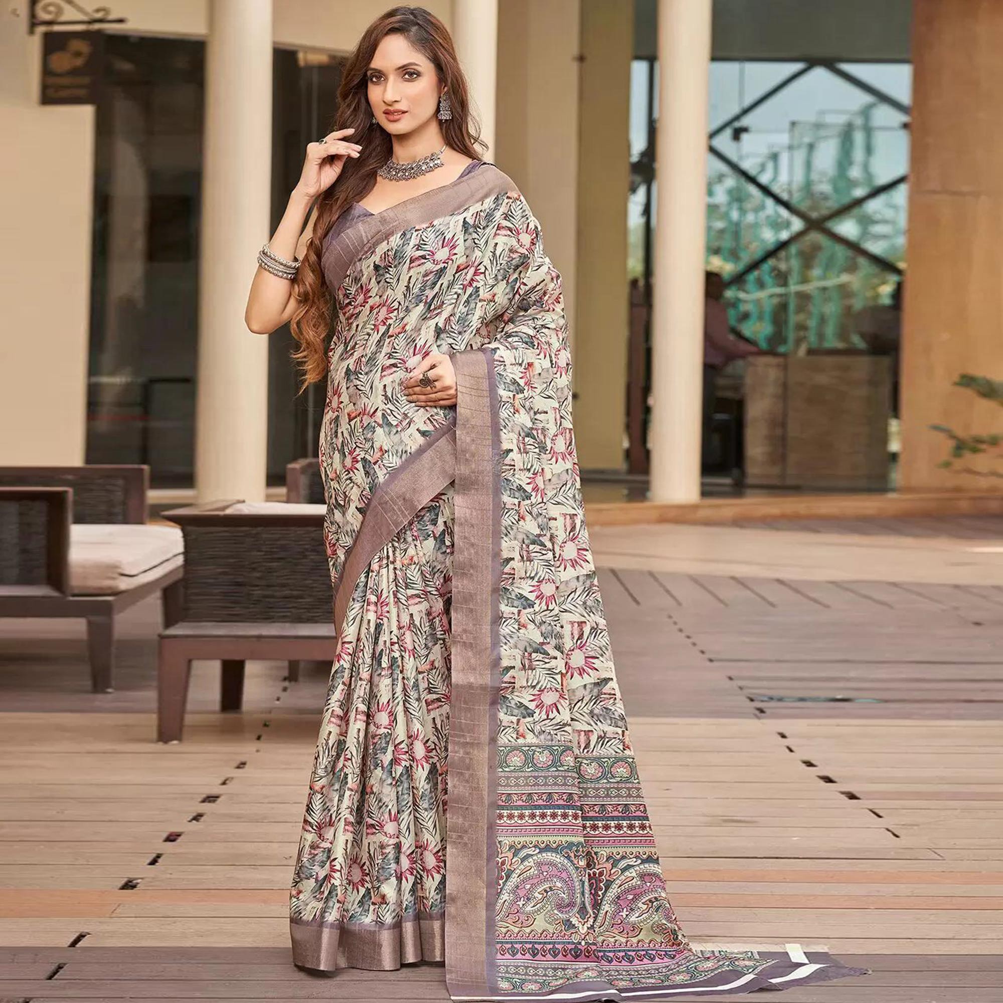 Beige Floral Digital Printed Tussar Silk Saree